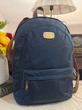 Michael Kors Navy Nylon Backpack Brown Leather Trim Gold Hardware